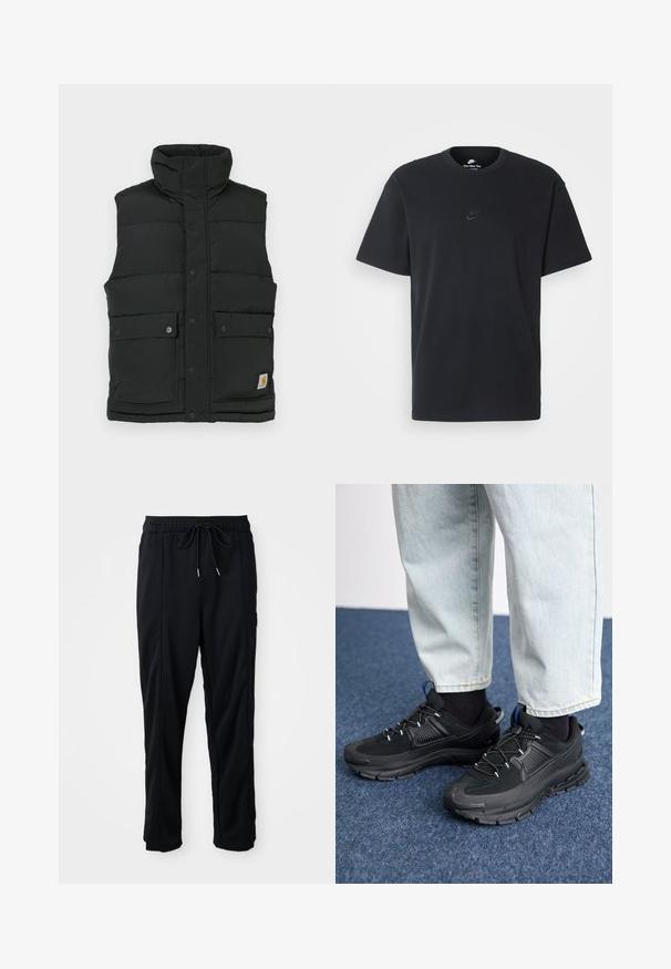 Svart pufferväst med hög krage, tryckknappslåsning, två framfickor och logotyppatch på den nedersta sidan. Slät, quiltad yta.; Svart t-shirt i bomull från Nike med klassisk rund halsringning, korta ärmar och en diskret, präglad logotyp på bröstet. Slät textur.; Svarta byxor med dragsko i midjan, avslappnad stil, med sidfickor och rak benklippning på en plain bakgrund.; Svarta sportskor med texturerat tyg och gummisulor, med elastiska snörningar och en blå detalj på hälen. Bärs med ljusa jeans.