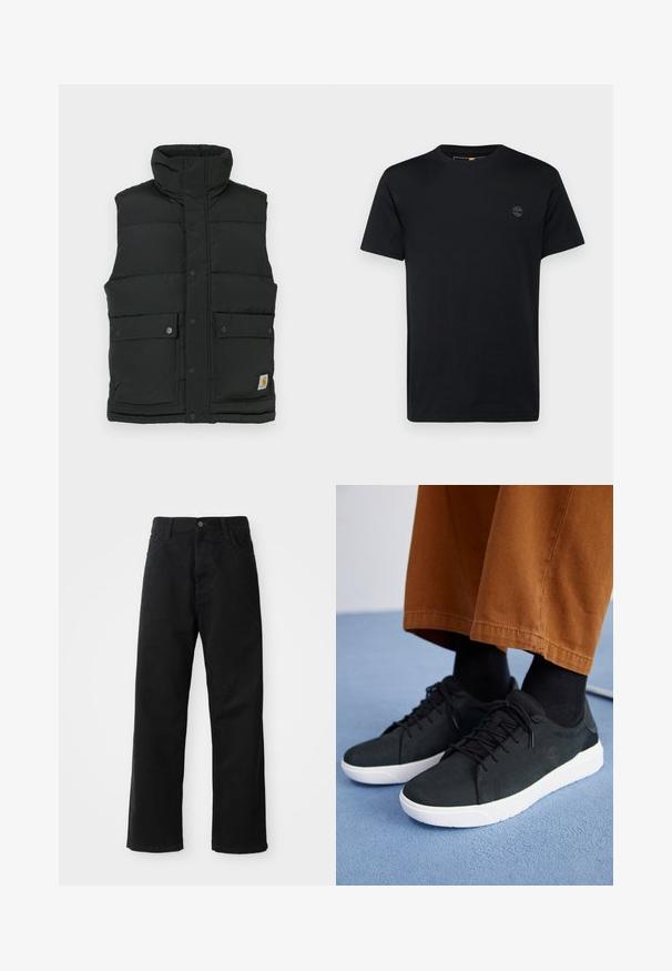 Čierna puff vest s vysokým golierom, zapínaním na cvočky, dvoma prednými vreckami a nášivkou loga na spodnej strane. Hladká, prešívaná textúra.; Čierne bavlnené tričko s okrúhlym výstrihom, krátkymi rukávmi a malým vyšívaným logom na hrudi. Hladká textúra, klasický strih.; Čierne denimové nohavice so rovným strihom, vystúpené predné vrecká, zips a jedno horné gombík. Štruktúrovaná tkanina s matným povrchom.; Čierne zamatové tenisky s bielymi gumovými podrážkami, so šnurovacím dizajnom, textúrovanými akcentami a decentným brandingom, skombinované s hnedými nohavicami.