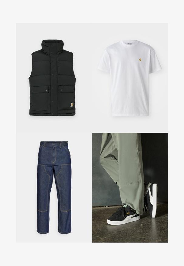 Black puffer vest with high collar, snap-button closure, two front pockets, and logo patch on the lower side. Smooth, quilted texture.; White cotton t-shirt with short sleeves, crew neck, featuring a small gold logo on the left chest area. Soft texture and regular fit.; Dark blue denim jeans with a high waist, straight leg design, contrasting stitching, and patch pockets on the front.; Black suede sneakers with white rubber soles and side stripes, paired with light green cargo pants, standing on a textured dark surface.