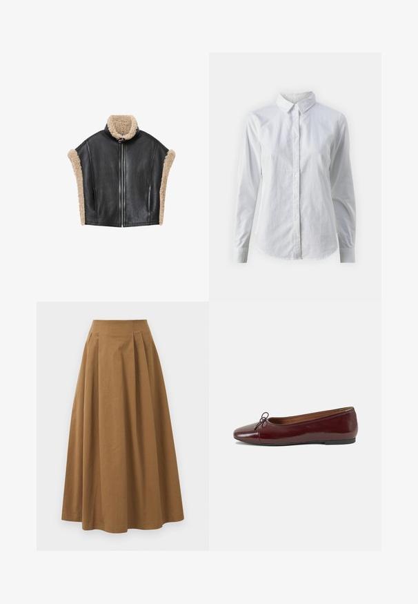 Juodas odinis liemenė su smėlio spalvos avikailio apykakle ir apvadais, su priekinėmis užtrauktuku ir atviromis šoninėmis detalėmis suteikia struktūruotą dizainą.; Balta marškinėliai su mygtukais, pagaminti iš lygios medvilnės, su klasikiniais apykaklės, ilgomis rankovėmis ir lenktu kraštu. Mygtukai maži ir balti.; Ruda medvilninė A formos sijonas su aukštu liemeniu, puikuojantis klostėmis priekyje ir lygia tekstūra. Apdailos kraštai yra švarūs ir paprasti.; Bordo lakiotos odos baleto bateliai su apvalia nosimi, maža kaspinėlio akcentu priekyje ir žema juoda guma padanga. Lygi tekstūra.