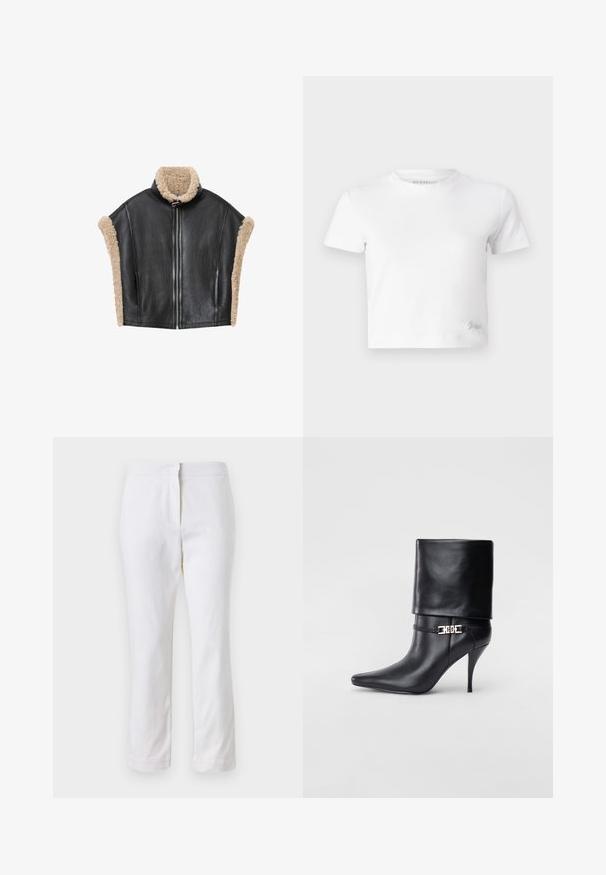 Melna ādas veste ar bēša krāsas vilnas apkakli un apdari, priekšpusē rāvējslēdzējs un atvērtas sānu daļas strukturētam noformējumam.; Balts īsais T-krekls, izgatavots no gludas kokvilnas, ar augstu kakla izgriezumu un īsām piedurknēm. Neliels izšūts logo apakšējā stūrī.; Baltas kokvilnas bikses ar taisnu kāju dizainu, ar vidēju augstumu un bez redzamām detaļām vai rakstiem. Visā virsmā ir gluda tekstūra.; Melnas ādas potīšu zābaki ar smailu purngalu, augstu stiletto papēdi, salocītu aproci un zeltītu dekoratīvu sprādzi uz potītes.