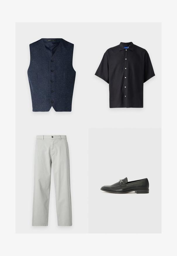 Tamsiai mėlynas liemenė iš tekstūruoto audinio. Turi v formos iškirptę, penkias sagas ir dvi priekines kišenes. Be rankovių, suteikia priderintą siluetą.; Trumpas juodas marškinėlis, pagamintas iš lengvos medžiagos, su smailiu apykakle ir priekiniais baltais mygtukais.; Šviesiai pilki, tiesių kojų kelnės, pagamintos iš lygios, audinės medžiagos. Su priekine mygtukų uždarymo sistema ir šoniniais kišenėmis. Minimalistinis stilius.; Juodos odinės loafer tipo bateliai su lygiu paviršiumi, turintys siuvinėtą dizainą ir dekoratyvų metalo grandinėlės akcentą ant batų viršaus. Plokščias kulnas.