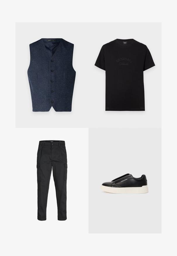 Laivastonsininen liivi, joka on valmistettu teksturoidusta kankaasta. Siinä on v-kaulus, viisi nappia ja kaksi etutaskua. Hihaton, tarjoten räätälöidyn istuvuuden.; Mustat puuvillapaitat lyhyillä hihoilla ja pyöreällä kaula-aukolla. Edessä on tonalisessa kirjonnassa "ORIGINALS Studio".; Mustat cargo-housut, jotka on valmistettu kestävästä kankaasta. Housuissa on useita taskuja, nappisulku ja kapea istuvuus, jossa on kapenevat lahkeet.; Musta liukusneakeri, jossa on teksturoitu nahkapinta, valkoinen kumipohja ja ei näkyviä nauhoja. Sivulla on brändin logo.