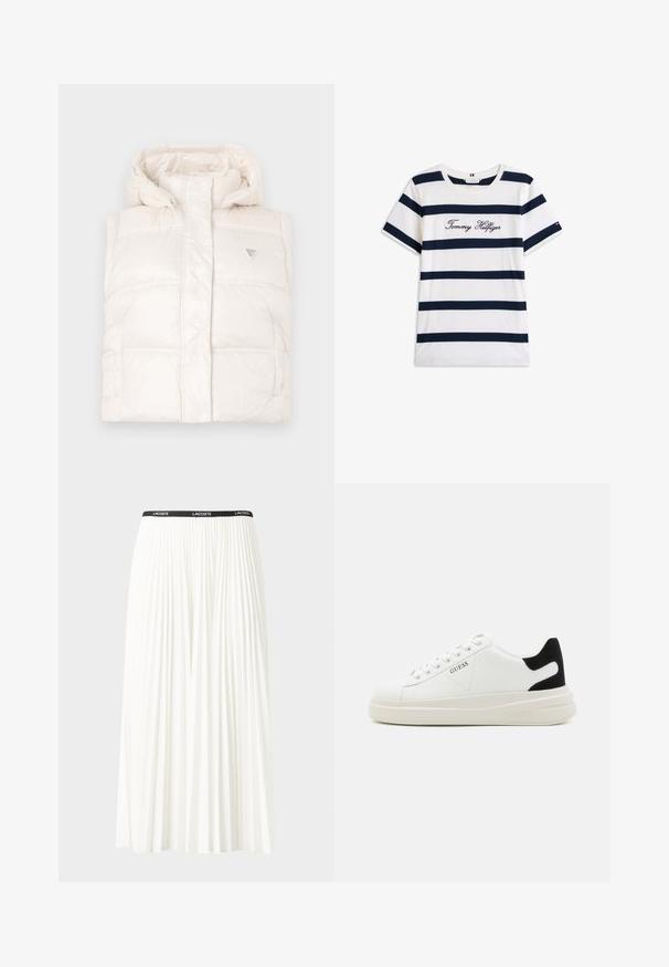 Biały kamizelka puchowa z kapturem, charakteryzująca się pikowanym wzorem i dwiema przednimi kieszeniami. Zawiera małe, trójkątne logo na klatce piersiowej.; Bawełniana koszulka z poziomymi granatowymi paskami na białym tle. "Tommy Hilfiger" wyszyte kursywą na klatce piersiowej. Okrągły dekolt.; Plisowana biała spódnica z czarnym elastycznym pasem z logo "LACOSTE". Średniej długości, o miękkiej teksturze.; Białe skórzane sneakersy z grubą białą podeszwą, czarnym zamszowym akcentem na pięcie oraz wytłoczonym logotypem z boku. Projekt z sznurówkami i sześcioma dziurkami.