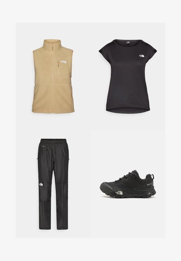 Colete de fleece bege com gola alta, frente com fecho de correr e um bolso no peito. Apresenta bolsos laterais duplos e textura suave.; The North Face TANKEN TANK  - T-shirt desportiva - black; Calças pretas à prova d'água feitas de um tecido leve, com cintura elástica, bolsos laterais e um logótipo na perna esquerda.; Shoe de caminhada preto com um upper texturizado, fecho de atacador e uma sola de borracha robusta com um logótipo proeminente na lateral e padrões de piso.