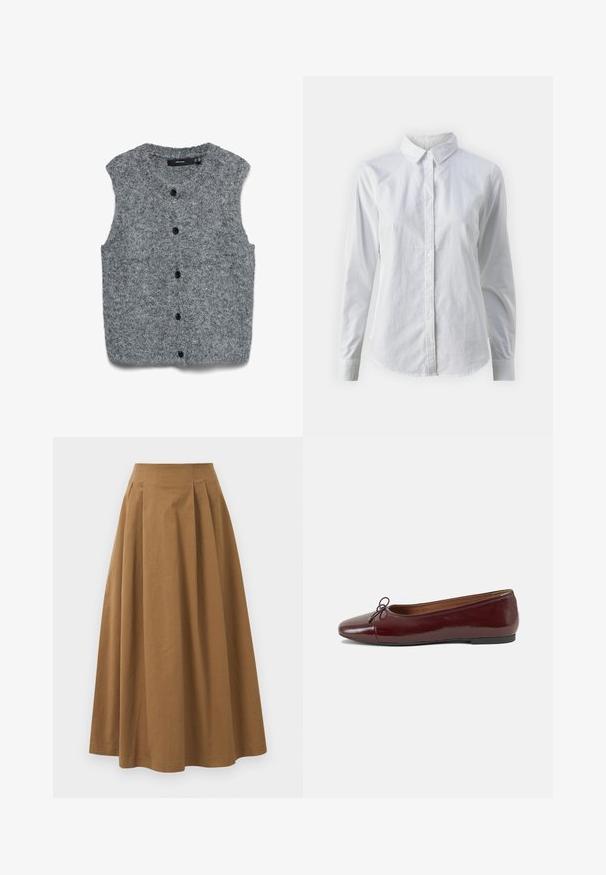 Sivá pletená vesta bez rukávov s jemnou textúrou, s okrúhlym výstrihom a šiestimi čiernymi gombíkmi vpredu.; Biela košeľa s gombíkmi vyrobená z hladkej bavlny, s klasickým golierom, dlhými rukávmi a zakriveným lemom. Gombíky sú malé a biele.; Hnedá bavlnená sukňa A-línie s vysokým pásom, so skladmi vpredu a hladkou textúrou. Hranice sú čisté a jednoduché.; Burgundské lakované balerínky s okrúhlou špičkou, malou mašľou na prednej strane a nízkou čiernou gumovou podrážkou. Hladký povrch.
