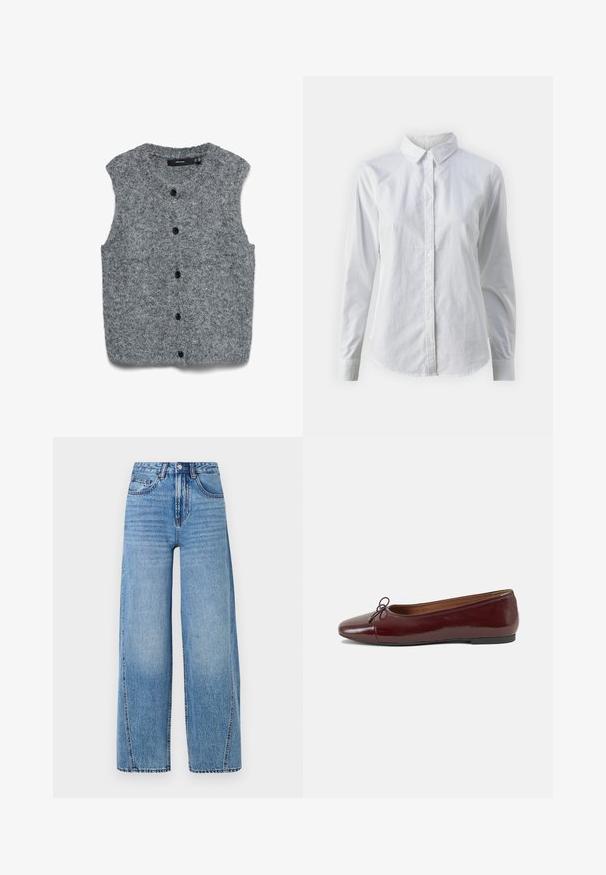 Vestă fără mâneci tricotată gri, cu o textură moale, având un decolteu rotund și șase nasturi negri în față.; Cămașă albă cu nasturi, confecționată din bumbac neted, având un guler clasic, mâneci lungi și un tiv curbat. Nasturii sunt mici și albi.; Jeans din denim cu talie înaltă, de culoare albastră deschisă, cu picioare largi, buzunare frontale, bucle pentru curea, închidere cu nasture și detalii de cusătură vizibile.; Balerini din piele patent burgund cu vârful rotund, accent de fundiță mică în față și talpă joasă din cauciuc negru. Textură netedă.