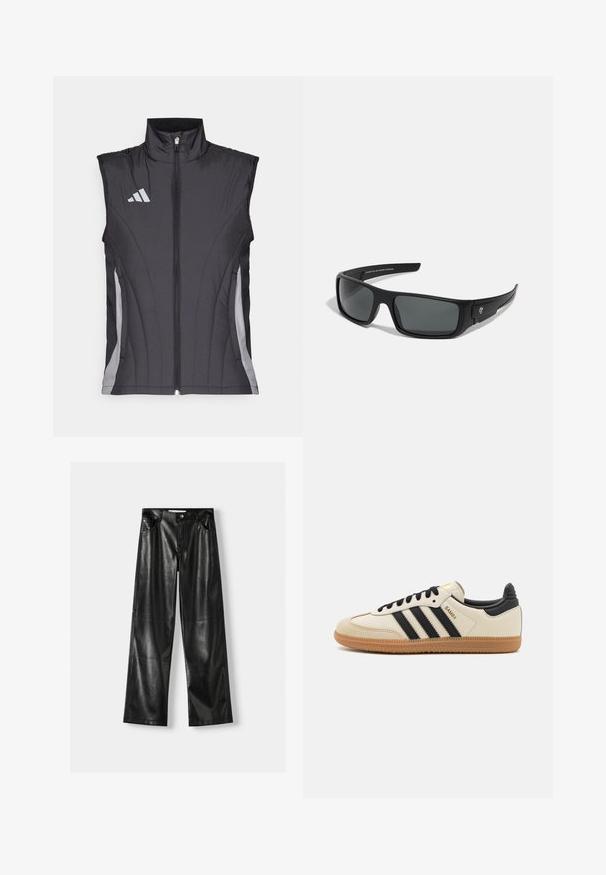 Sort ærmeløs vest med høj krave, der har en frontlynlås og grå detaljer langs siderne samt logo på brystet.; To langærmede trøjer: én sort og én hvid. Begge har en rund halsudskæring og en glat, ribbet tekstur. Brandmærket er synligt indeni halsudskæringen.; Sorte læder bukser med vide ben og en skinnende overflade, der har to forlommer, knaplukning og synlige sømdetaljer.; Beige sportssko med sorte striber, gummibetræk samt sorte detaljer. Har en glat læderoverdel og et rundt tådesign.; Sorte solbriller med en rektangulær stel, mørkegrå linser og en glat plastoverflade. Bemærkelsesværdig logoaccent på siden.; Sort nylon skuldertaske med en buet form, sølvfarvet kædeaccent, aftagelig mini-pung og justerbar rem; prydet med "Steve Madden" logo.