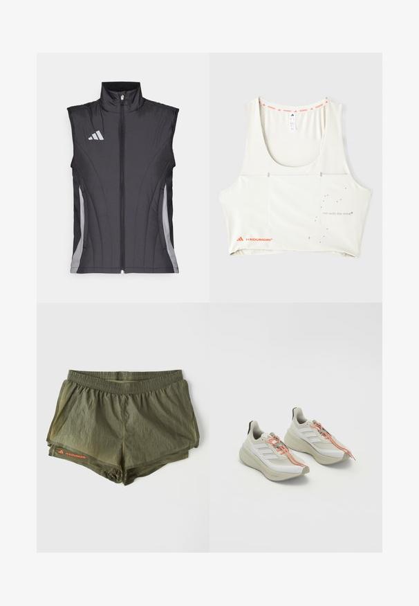 Gilet nero senza maniche con colletto alto, dotato di zip frontale e dettagli grigi lungo i lati e logo sul petto.; Canotta atletica bianca con scollatura a barca, bordo arancione con marchio e stampa metallica con il testo "corri con la mente". Presenta elementi di design minimalista.; Pantaloni sportivi verde oliva con elastico in vita, fodera interna, pannelli laterali perforati e un accento rosso del logo.; Scarpe sportive di colore chiaro con una tomaia in tessuto bianco testurizzato, lacci arancioni e una suola spessa e ammortizzata. Design a tre strisce sul lato.
