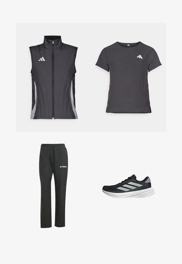Sort ærmeløs vest med høj krave, der har en frontlynlås og grå detaljer langs siderne samt logo på brystet.; Kortærmet atletisk t-shirt, mørkegrå med perforeret tekstur. Har et hvidt logo og kontrastfarvede sidelister. Rundet halsudskæring.; Sorte letvægtsbukser med elastisk talje. Har et diskret "TERREX" logo i hvid. Glat stof og lige ben-design.; Sort løbesko med mesh-overdel, tre sølvstriber, hvid mellemsål og struktureret ydersål. Har polstret krave og snørelukning.