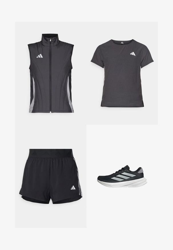 Czarna bezrękawnik z wysokim kołnierzem, z zamkiem błyskawicznym z przodu i szarymi akcentami po bokach oraz logo na klatce piersiowej.; Koszulka sportowa z krótkim rękawem, ciemnoszara z perforowaną teksturą. Posiada białe logo oraz kontrastowe paski po bokach. Okrągły dekolt.; Czarne sportowe szorty z elastycznym paskiem w talii, z teksturowanym pasem, bocznymi paskami oraz białym logo Adidas na dolnym brzegu.; Czarny but biegowy z siateczkowym wierzchem, trzema srebrnymi paskami, białą podeszwą środkową i teksturowaną podeszwą zewnętrzną. Posiada wyściełany kołnierz i zapięcie na sznurówki.