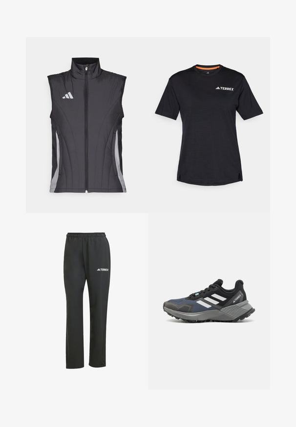Sort ærmeløs vest med høj krave, der har en frontlynlås og grå detaljer langs siderne samt logo på brystet.; Sort kortærmet T-shirt med rund halsudskæring, der har en subtil meleret tekstur og hvid "TERREX"-logo på den øverste venstre side.; Sorte letvægtsbukser med elastisk talje. Har et diskret "TERREX" logo i hvid. Glat stof og lige ben-design.; Sportssko med mesh-overdel i nuancer af sort og blå. Har hvide striber, grå gummisål og struktureret mellemsål for greb.