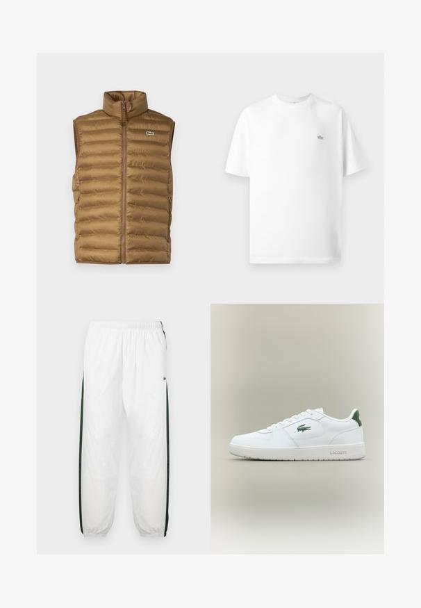 Braune, gepolsterte ärmellose Weste mit hohem Kragen, Reißverschluss vorne und seitlichen Taschen. Mit kleinem Logo auf der Brust.; Weißes Baumwoll-T-Shirt mit Rundhalsausschnitt und kurzen Ärmeln. Mit einem kleinen schwarzen Lacoste-Logo auf der linken Seite der Brust.; Weiße Trainingshose mit dunkelgrünen Seiteneinsätzen. Leichtes Material, elastischer Bund und gerippte Säume. Mit Netzstruktur an den Seiteneinsätzen.; Weiße Leder-Sneaker mit glatter Oberfläche, grünen Akzenten an der Ferse und einem grünen Logo an der Seite. Verfügt über eine flache Sohle und eine runde Zehenform.
