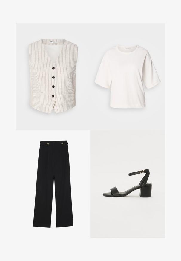 Vesta din in crem cu dungi verticale închise, decolteu în V, cinci nasturi negri și două buzunare frontale. Croială ajustată cu o formă ușor conică.; Tricou alb din bumbac, cu o croială relaxată, mâneci scurte și răsucite, guler rotund și o textură netedă. Design simplu, minimalist.; Pantaloni negri cu picioare largi, talie înaltă, detalii cu butoane pe talie și pliseuri în față.; Sandale cu toc înalt negre, cu un superior din piele netedă, vârf deschis, curele frontale late și curea pentru gleznă ajustabilă cu detaliu din aur.