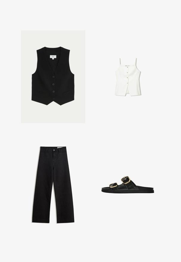 Marks & Spencer TAILORED - Weste - black; Weißes ärmelloses Oberteil mit Knopfleiste, Seitentaschen und einem figurbetonten Design mit leicht ausgestellt geschnittenem Saum. Glatte Textur, minimale Details.; Schwarze weit geschnittene Jeans mit hoher Taille, ausgestattet mit Vorder- und Hintertaschen, gesteppten Nähten und einem Knopfverschluss. Glatte Textur.; Schwarze Riemensandale mit zwei goldenen Schnallendetails, glattem Material, flachem Sohlen und minimalistischer Gestaltung.