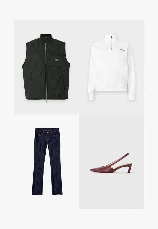 Svart quilted vest med høy krage, forkle med glidelås foran og en lomme på venstre bryst. Teksturert mønster og merkevarelabel på lommen.; Hvit genser med høy krage og halv glidelås. Har en liten svart logo på brystet og ribbestrikkede mansjetter. Glatt tekstur.; Mørkeblå denim jeans med rett ben-design, med knappelukking foran, fem lommer og synlige sømmer langs sømmene.; Burgunder slingback hæle med spids tå, udskårne detaljer på siden og en midt-højde blokhæle. Glat læderfinish.