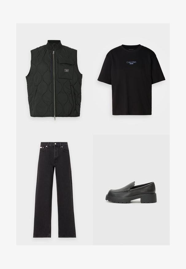Crni dugmadni prsluk s visokim ovratnikom, zatvaranjem na patentni zatvarač sprijeda i lijevim džepom na prsima. Teksturirani uzorak i brendirana oznaka na džepu.; Crna pamučna majica s okruglim izrezom, kratkim rukavima i plavim izvezenim logom "Calvin Klein JEANS" na prednjoj strani.; Crne široke traperice od denima, s visokim strukom, pet džepova i metalnim zatvaranjem s kontrastnim šavovima.; Crne kožne loaferice s zaobljenim vrhom, debelim teksturiranim potplatom i minimalnim detaljima šivanja. Elegantna izrada bez vidljivih vezica ili metalnih elemenata.