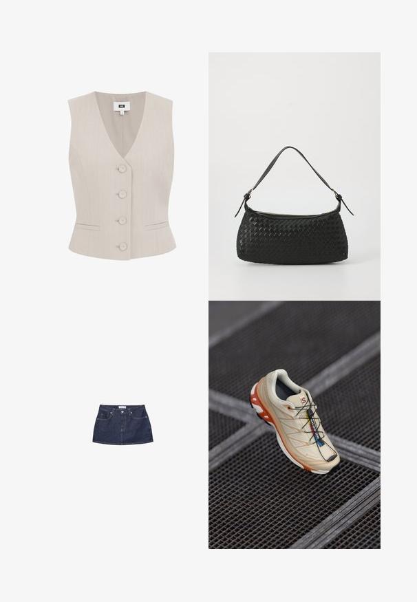 Béžová bezrukávová vesta s prúžkovaným vzorom, výstrih do V, päť zaoblených gombíkov, dve bočné vrecká a štruktúrovaný strih.; Sivý pletený sveter s dlhými rukávmi, rebrovanými manžetami a spodným lemom. Okrúhly výstrih s uvoľneným strihom a jemnou textúrou. Bez viditeľných vzorov alebo akcentov.; Džínová mini sukňa v tmavom modrom odtieni so priliehavým pásom, prednými vreckami a metalickou prackou. Hladká štruktúra a klasický strih.; Béžová bežecká obuv s oranžovými akcentmi, navrhnutá s textúrovaným zvrškom, čiernou podrážkou a integrovanými šnúrkami. Obsahuje značku GORE-TEX.; Čierna tkaná taška cez plece s hladkým koženým remienkom a zipsovým uzáverom. Disponuje štruktúrovaným povrchom a zakriveným tvarom.