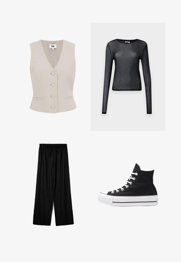 Beżowa kamizelka bez rękawów z prążkowanym wzorem, dekoltem w kształcie litery V, pięcioma okrągłymi guzikami, dwiema bocznymi kieszeniami i dopasowanym krojem.; Czarna bluzka z długim rękawem wykonana z przezroczystego materiału, z okrągłym dekoltem i dopasowanym krojem, z delikatnie wykończonymi brzegami.; Czarne spodnie szerokie z lekkiego materiału, wyposażone w elastyczny pasek w talii z sznurkiem do regulacji dopasowania. Gładka faktura.; Czarny wysokopodbiciowy sneaker z płótna, z białymi oczkami, sznurówkami i gumową podeszwą. Posiada teksturowany czubek oraz czarno-białe paski.