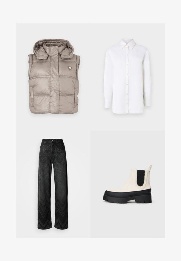 Gaišais bežs pūšamais veste ar spīdīgu apdari, augstu apkakli, snap pogām un dimanta logo kreisajā krūtī.; Balts linu krekls ar norādītu apkakli, garām piedurknēm un pogu aizdariem. Iezīmē relaksētu piegriezumu un gludu tekstūru.; Plašas melnas džinsus ar zigzaga tekstūras rakstu. Izgatavots no denima, ar pogu aizdari un divām priekšējām kabatām.; Masīvu platformas potīšu zābaku dizains ar baltu augšdaļu, melnu gumijas zoli un kontrastējošām melnām elastīgām sānu paneļiem. Augšējā mala rotāta ar mākslīgo kažoku.