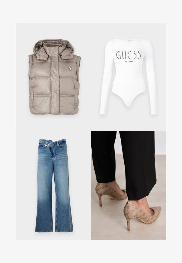 Kevyt beige puffer-vesti, jossa on kiiltävä pinta, korkea kaulus, nappikiinnitys ja timanttilogo vasemmassa rinnassa.; Valkoinen pitkähiha bodysuit, jossa on pyöreä pääntie. Edessä mustalla painettuna "GUESS" -logo ja "EST.1981". Sujuva rakenne.; Vaaleansiniset farkut, joissa on leveät lahkeet ja korkea vyötärö. Farkuissa on kaksi nappia ja etutaskut. Kankaan pinta on kulunut ja siinä on hienovaraisia sävy-eroja.; Beige korkokenkiä, joissa on teksturoitu kangas, jossa on toistuva kuvio. Teräväkärkinen muotoilu, takana korostus ja kultaiset korkodetaalit.