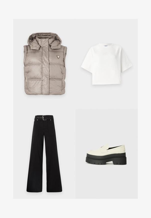 Lätt beige pufferväst med en glänsande yta, hög krage, tryckknappar och en diamantlogotyp på vänster bröst.; Vit oversized t-shirt med korta raglanärmar, tillverkad av mjukt tyg. Har en subtil logga på bröstet och en rund halsringning.; Svarta vida byxor i bomull med hög midja, stora sidofickor och bälte med silverdetaljer.; Vita läderplattform loafers med en tjock svart gummisula, med rund tå och minimal dekorativ sömnad.