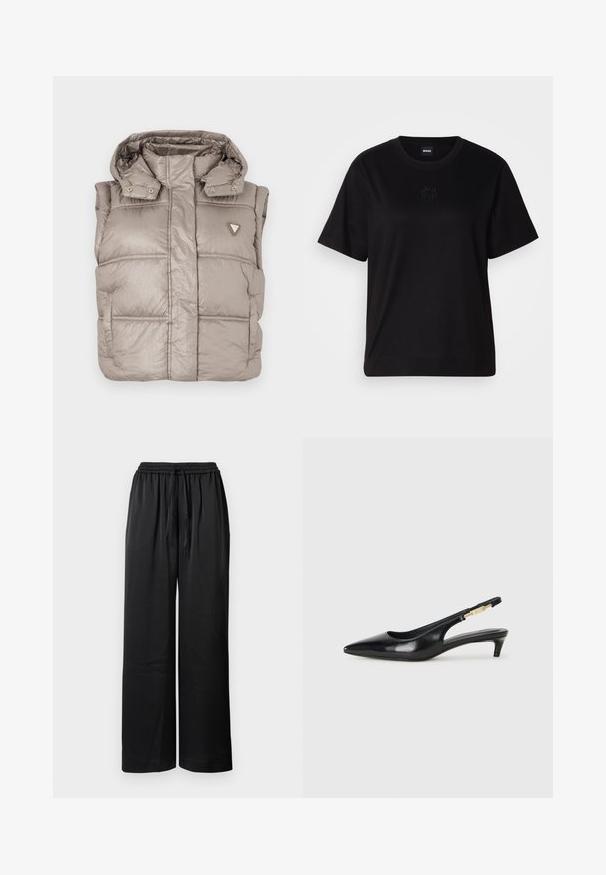 Lahki bež pufasti jopič s sijočim finišem, visokim ovratnikom, gumbi na pritisni sistem in s svinčenim logotipom na levem prsnem delu.; Črna bombažna majica s krožnim izrezom, kratkimi rokavi in izvezenim logotipom na prsih. Preprosta, sproščena silhueta brez vzorcev.; Črne široke hlače z elastičnim pasom, zavezovanjem in gladko teksturo. Imajo sproščen kroj za udobje in gibljivost.; Črne usnjene sandale na peto z ostro konico, ki imajo tanko peto in zlat ton na nastavljivem traku. Gladka tekstura.