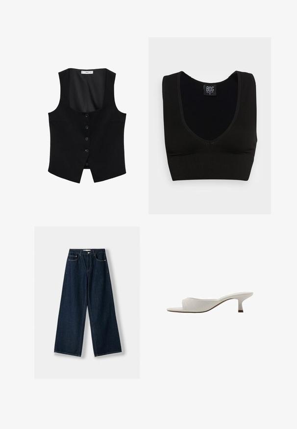 Mango Strukirani kaput - black; Crna rebrasta kratka majica s širokim naramenicama i dubokim V-izrezom. Oznaka nosi natpis "BDG," veličina mala, s glatkom teksturom i prilagođenim dizajnom.; Tamno plave, široke traperice napravljene od denima. Imaju pet džepova, kopčanje na dugme i patent zatvarač, te detalje s kontrastnim šavovima.; Bijele otvorene mule s zakrivljenim dizajnom, niskom petom, glatkom teksturom i suptilnim šavnim uzorkom. Smeđi naglasak na bazi pete.