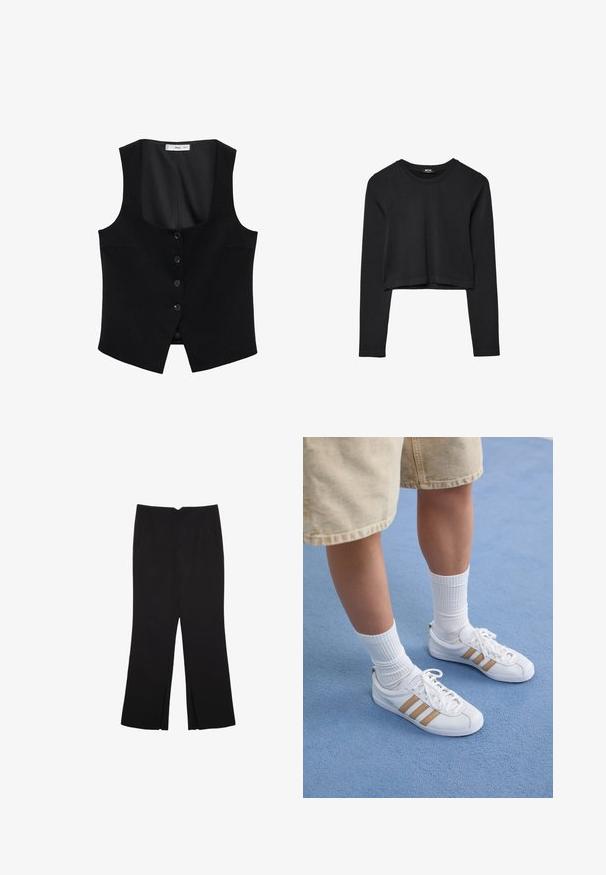 Mango Weste - black; Schwarzes, langärmliges, kurz geschnittenes Oberteil mit Rundhalsausschnitt, schlichter Gestaltung und leicht abgerundetem Saum.; Schwarze Hose mit geradem Schnitt, ausgestattet mit Fronttaschen und Seitenschlitzen am Saum. Hergestellt aus weichem, glattem Stoff. Geeignet für verschiedene Anlässe.; Weiße Sneakers mit drei goldenen Streifen, Schnürdesign, Gummisohle, getragen mit gerippten weißen Socken und beigen Shorts auf einer blauen Fläche.
