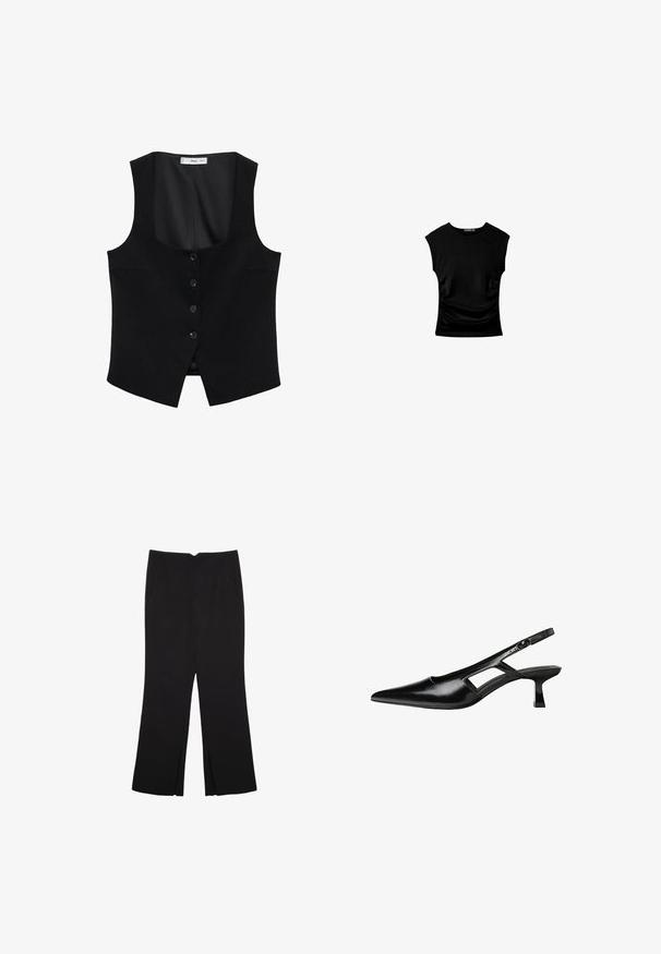 Mango Weste - black; Schwarzes kurzärmliges Oberteil mit tailliertem Schnitt, das seitliche Raffung und einen glatten, dehnbaren Stoff für zusätzlichen Komfort aufweist.; Schwarze Hose mit geradem Schnitt, ausgestattet mit Fronttaschen und Seitenschlitzen am Saum. Hergestellt aus weichem, glattem Stoff. Geeignet für verschiedene Anlässe.; Schwarze Lackleder-Slingback-High Heels mit spitzer Zehenform, ausgeschnittenem Seitendesign und kleinem Blockabsatz. Glatte Textur mit minimalen Akzenten.