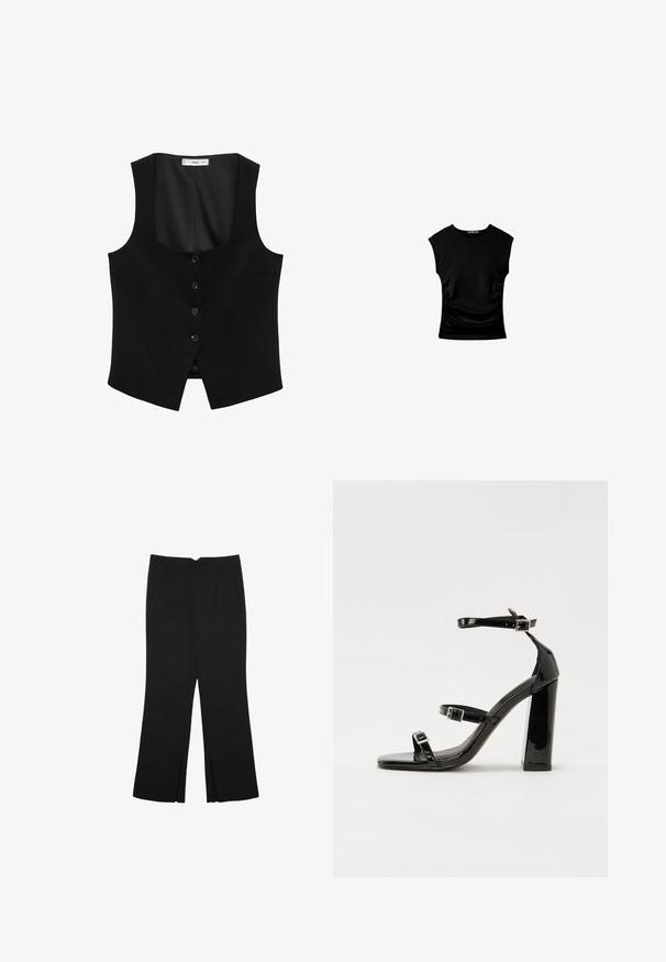 Mango Weste - black; Schwarzes kurzärmliges Oberteil mit tailliertem Schnitt, das seitliche Raffung und einen glatten, dehnbaren Stoff für zusätzlichen Komfort aufweist.; Schwarze Hose mit geradem Schnitt, ausgestattet mit Fronttaschen und Seitenschlitzen am Saum. Hergestellt aus weichem, glattem Stoff. Geeignet für verschiedene Anlässe.; Schwarze patentierte Sandalen mit Absatz, quadratischer Spitze, Knöchelriemen und silbernen Schnallen. Mit einem stabilen Blockabsatz für mehr Stabilität.