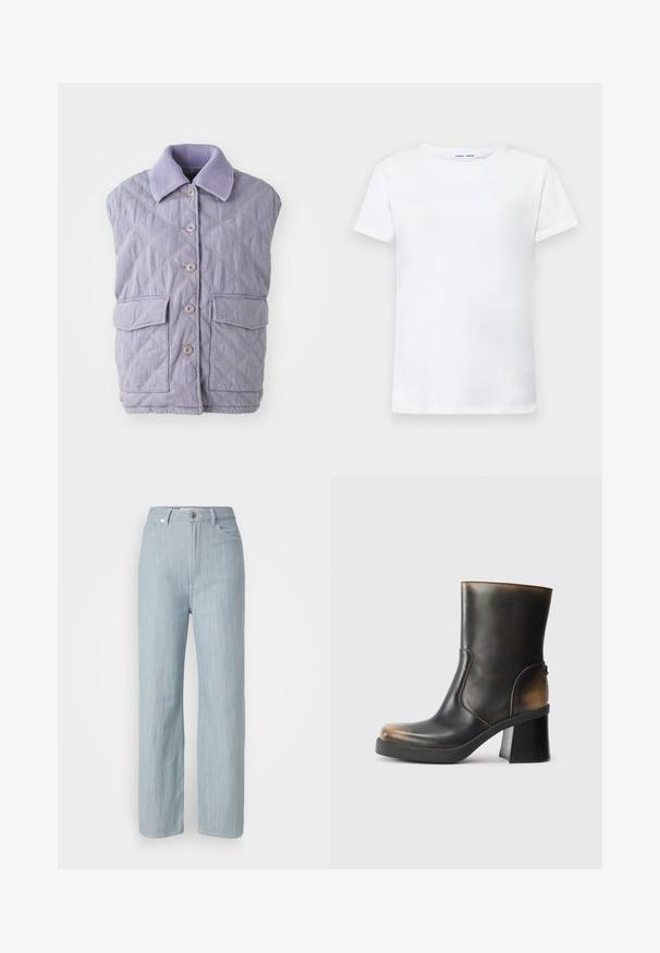 Lilac quilted vest with a ribbed collar, six buttons, and two front pockets; features a diamond pattern and soft texture.; White short-sleeve t-shirt made of cotton with a crew neck design. Smooth texture and straight cut, no patterns or accents.; Light blue straight-leg jeans made of denim. Features five pockets, a metal button closure, and subtle whiskering for texture.; Black leather ankle boot with a glossy finish, rounded toe, contrasting tan accents, a block heel, and a side zipper detail.