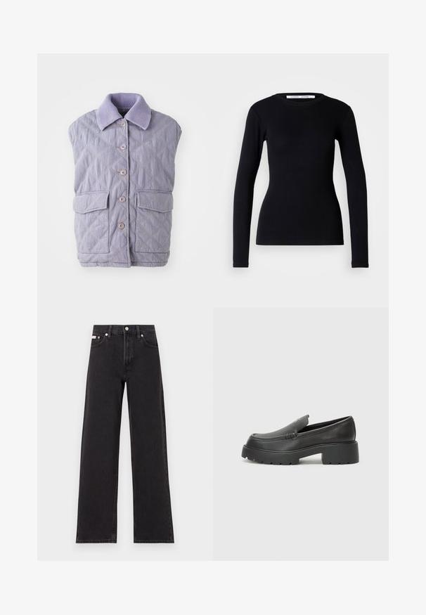 Lavendelfarbene steppte Weste mit geripptem Kragen, sechs Knöpfen und zwei Vordertaschen; verfügt über ein Rautenmuster und eine weiche Textur.; Schwarzes Langarmoberteil aus geripptem Stoff. Hat einen runden Halsausschnitt und eine schmale Passform. Keine Muster oder Verzierungen. Einfaches Design.; Schwarze weit geschnittene Jeans aus Denim mit einem hoch sitzenden Bund, fünf Taschen und einem Metallknopfverschluss mit kontrastierendem Nähte.; Schwarze Lederloafer mit einer abgerundeten Spitze, dicker strukturierten Laufsohle und minimalen Nähten. Schlankes Design ohne sichtbare Schnürsenkel oder Beschläge.