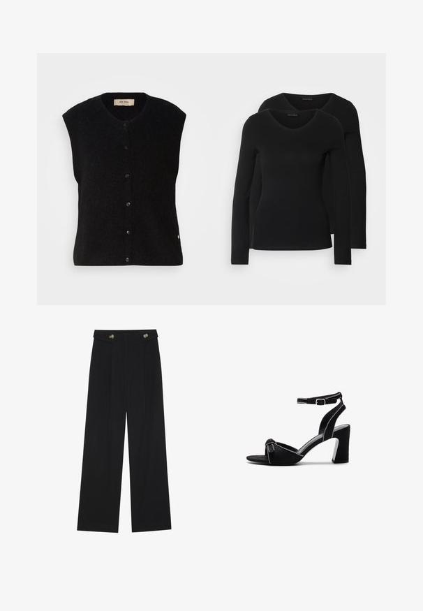 Colete sem mangas de lã preta com decote redondo, fecho frontal por botões e detalhe de logótipo subtil na bainha. Textura suave, design minimalista.; Duas camisetas pretas de manga longa com design em V, feitas de um tecido macio e elástico, apresentando uma textura suave e um formato ajustado.; Calças largas pretas com cintura alta, detalhes em botão na cintura e pregas frontais.; Sandálias de salto alto em camurça preta com um salto bloco largo, tira de tornozelo ajustável, design de ponta aberta e detalhes de costura em contraste.