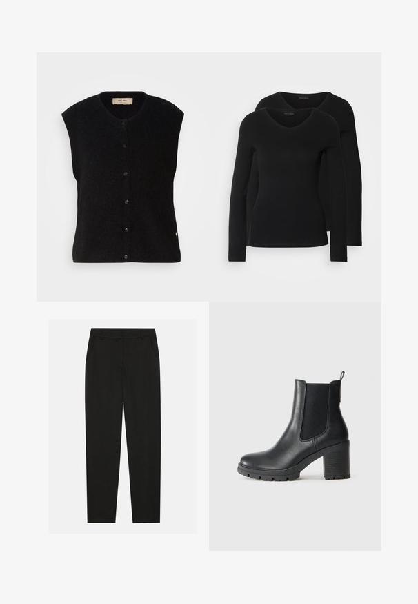 Svart ull utanärmad väst med rund halsringning, knappstängning fram och subtil logotypdetalj på fållen. Mjuk textur, minimalistisk design.; Två svarta långärmade tröjor med V-ringning, tillverkade av mjukt, stretchy tyg, som visar en slät textur och en figursydd form.; Svarta byxor med skräddarsydd design, med sidofickor och raka ben. Tillverkade av ett mjukt, lätt tyg med en stilren finish.; Svarta läderankelstövlar med elastiska sidopaneler, chunky gummisula och hög blockklack. Har en dragflik på bakdelen.