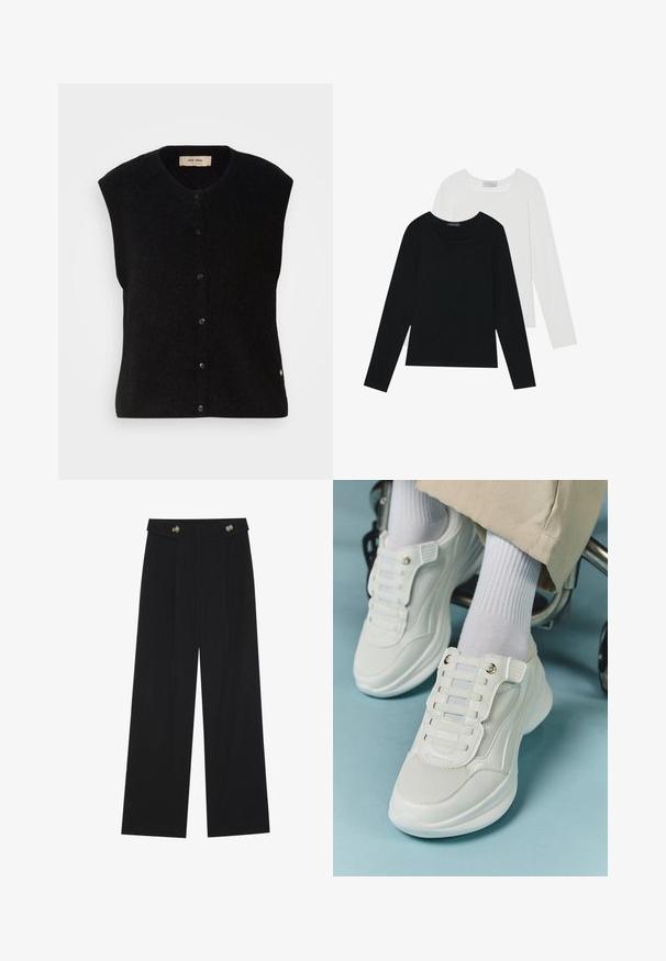 Juoda vilnonė liemenė be rankovių su apvaliu iškirpimu, priekyje su mygtukų uždarymu ir subtiliu logotipo detalizavimu ant apdailos. Minkšta tekstūra, minimalistinis dizainas.; Du suknelės su ilgomis rankovėmis, viena juoda ir viena balta, abi su kvadratiniu iškirpimu ir pagamintos iš minkštos, elastingos medžiagos.; Juodi plačios kojos kelnės su aukštu liemeniu, sagų detalėmis ant liemens ir priekinėmis raukšlėmis.; Baltos sportbačiai su tinklelio medžiaga, guminiais padais, be raištelių dizainu su elastinėmis juostelėmis ir auksinėmis detalėmis.