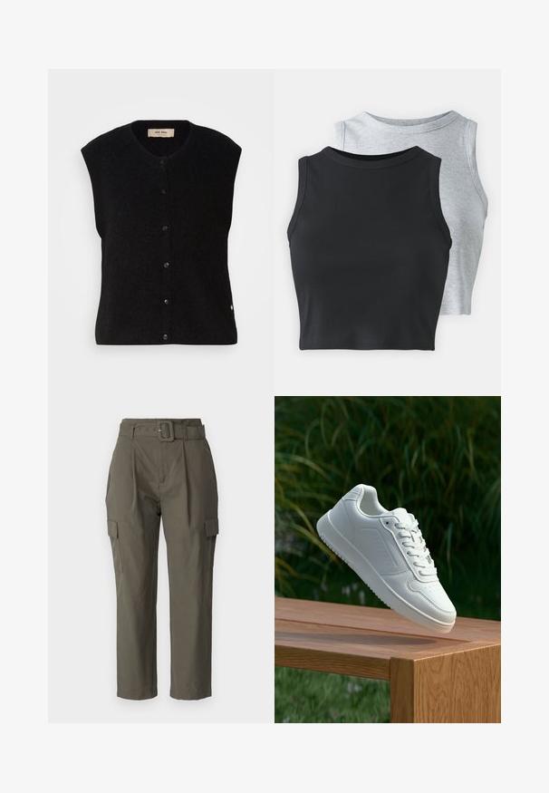 Črn volnen brezrokavnik z okroglim izrezom, sprednjim gumbom in diskretno logotipno podrobnostjo na robu. Mehak material, minimalističen dizajn.; Even&Odd Petite 2 PACK - Top - light grey/black; Cargo hlače v olivno zeleni barvi, izdelane iz lahkotnega materiala. Značilnosti vključujejo pas z obročkom, sprednje gube in stranske žepe s pokrovčki.; Bela teniska s gladkim sintetičnim zgornjim delom, perforiranim prednjim delom, ravnimi vezalkami in teksturiranim podplatom, prikazana na leseni površini.