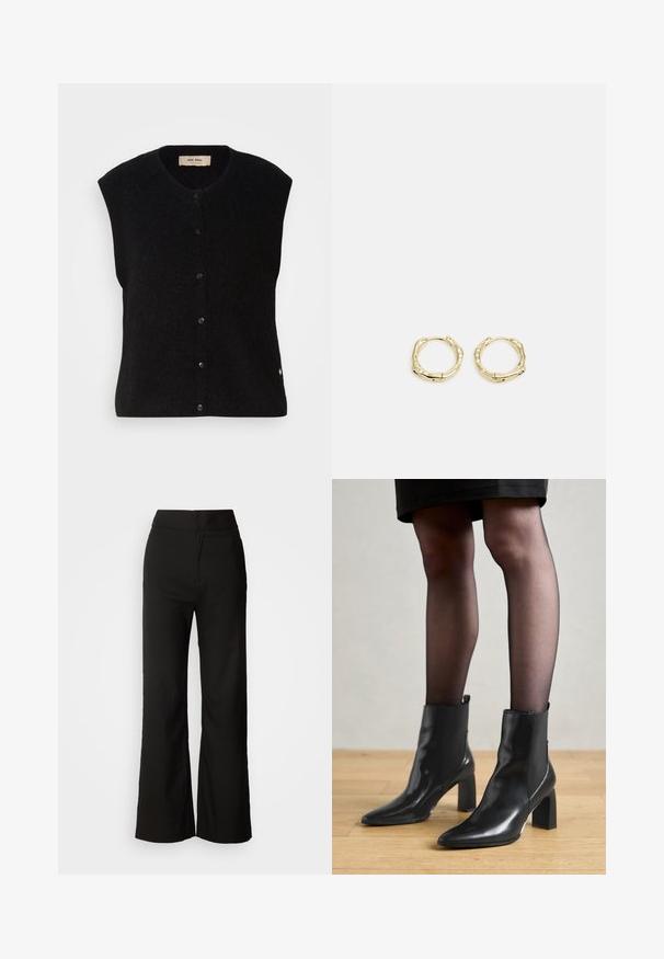 Črn volnen brezrokavnik z okroglim izrezom, sprednjim gumbom in diskretno logotipno podrobnostjo na robu. Mehak material, minimalističen dizajn.; Črna brezrokavna turtleneck majica, izdelana iz gladkega materiala. Prilagojen dizajn z visokim ovratnikom in ravnim robom, minimalistična in enobarvna.; Črne široke hlače z gladko teksturo, visokim pasom in čistim dizajnom. Brez vidnih žepov ali okrasnih elementov.; Črne usnjene gležnjarje s koničastim nosom, masivnim kvadratnim petam in sleek oblikovanjem. Imajo elastične stranske panele za enostavno obuvanje.; Zlate obročaste uhane z teksturirano, nepravilno obliko. Imajo brezšivno zapiranje in poliširano površinsko obdelavo, kar poudarja sodoben dizajn.