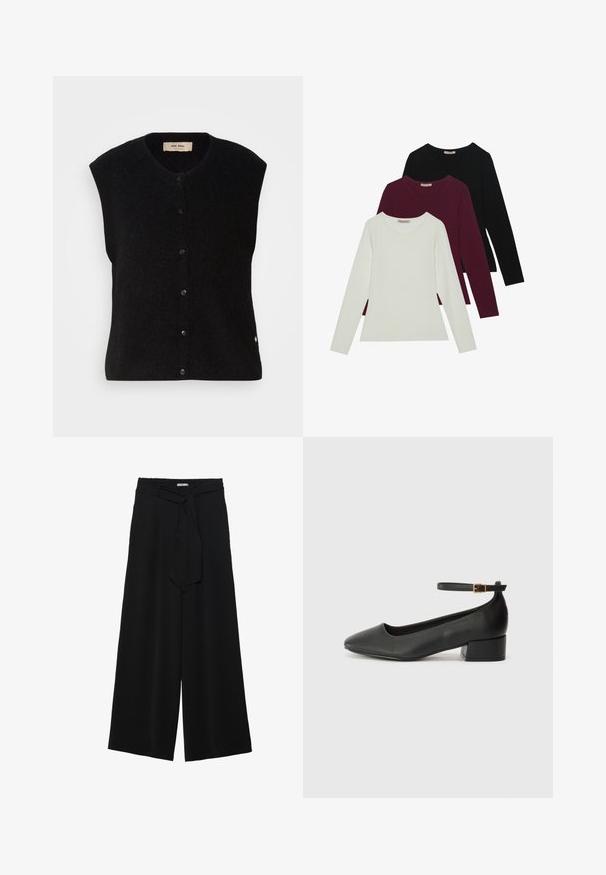 Musta villasta valmistettu ilman hihoja oleva liivi, jossa on pyöreä pääntie, etupainallussuojus ja hienovarainen logo yksityiskohta helmoissa. Pehmeä rakenne, minimalistinen muotoilu.; Pitkähihaiset t-paidat valkoisena, burgundinpunaisena ja mustana. Valmistettu pehmeästä kankaasta, jossa on pyöreä kaula-aukko ja vartalonmyötäinen muotoilu. Sopii hyvin kerroksittain käytettäväksi.; Mustat leveät housut, joissa on teksturoitu kangas, joustava vyötärö ja irrotettava nauha vyötäröllä säädettävää istuvuutta varten.; Mustat nahkakengät, joissa on terävä kärki ja matala lohkare korko. Varustettu nilkkahihnalla, jossa on kultasävyinen solki. Lisää sileä pinta.