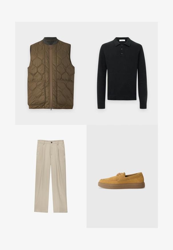 Sukienka kamizelka w kolorze oliwkowym, pikowana, bez rękawów, z przednim zamkiem, prążkowanym kołnierzem i dwoma przednimi kieszeniami. Subtelny detal logo na lewej kieszeni.; Czarny sweter polo z długim rękawem, dzianinowy, z trzema czarnymi guzikami i złożonym kołnierzykiem, zaprezentowany na białym tle.; Beżowe spodnie o prostym kroju, z pojedynczym czarnym guzikiem, szlufkami na pasek oraz bocznymi kieszeniami. Gładka faktura materiału i minimalistyczny design.; Brązowe zamszowe mokasyny o teksturowanym wykończeniu, okrągłym nosku i kontrastowej gumowej podeszwie. Zawierają subtelne oznaczenie w pobliżu pięty.