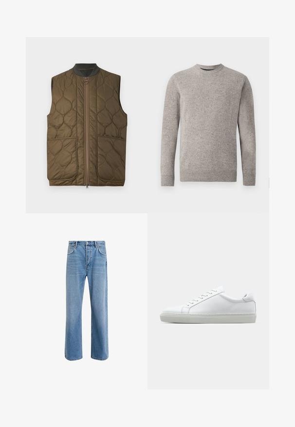 Quilted olive green sleeveless vest with front zipper, ribbed collar, and two front pockets. Subtle logo detail on the left pocket.; Light gray knitted sweater with a crew neckline, long sleeves, and ribbed cuffs and hem. Textured pattern with flecks of color.; Light blue denim jeans with a straight-leg design, five pockets, button closure, minimal fading, and contrasting stitching details.; White sneaker with a smooth leather upper and a low profile. Features a rounded toe, six eyelets, and a textured rubber sole.