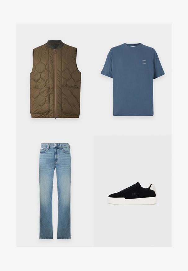 Vest fără mâneci, cu umplutură, de culoare verde măsliniu, cu fermoar frontal, guler ribatat și două buzunare frontale. Detaliu discret al logo-ului pe buzunarul stâng.; Tricou din bumbac albastru cu guler clasic de tip crew, mâneci scurte, croială lejeră și două mici logo-uri imprimate pe piept. Textură netedă.; Jeans de denim albastru deschis cu croială dreptă, design cu cinci buzunare și finisaj estompat. Dispune de închidere cu nasturi și bucle pentru curea.; Adidași negri cu talpă albă și tab cu toc alb, cu șireturi în față și logo-ul Calvin Klein pe lateral.