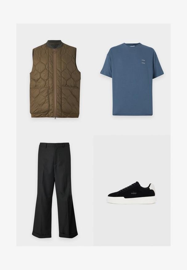 Vest fără mâneci, cu umplutură, de culoare verde măsliniu, cu fermoar frontal, guler ribatat și două buzunare frontale. Detaliu discret al logo-ului pe buzunarul stâng.; Tricou din bumbac albastru cu guler clasic de tip crew, mâneci scurte, croială lejeră și două mici logo-uri imprimate pe piept. Textură netedă.; Pantaloni negri cu picioare largi, cu talie cu nasturi și margini răsucite, expuși pe un fundal alb simplu.; Adidași negri cu talpă albă și tab cu toc alb, cu șireturi în față și logo-ul Calvin Klein pe lateral.