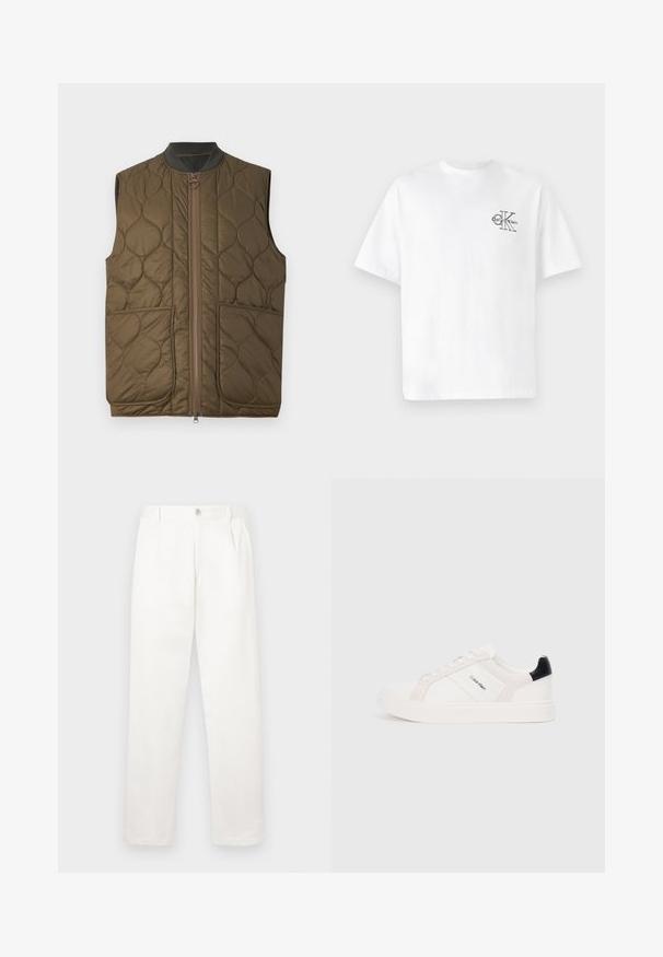 Colete sem mangas em verde-azeitona acolchoado, com fecho de correr à frente, gola canelada e dois bolsos frontais. Detalhe do logótipo discreto no bolso esquerdo.; T-shirt de algodão branco com mangas curtas, gola redonda, apresentando um logo CK preto na área do peito esquerdo, ajuste padrão, textura suave.; Calças brancas feitas de um tecido suave, com um design de perna reta, pregas frontais e um fecho de botão único na cintura.; Sapatilhas brancas com detalhes em rosa claro e preto, apresentando painéis de couro liso e camurça, biqueira redonda e sola de borracha plana.