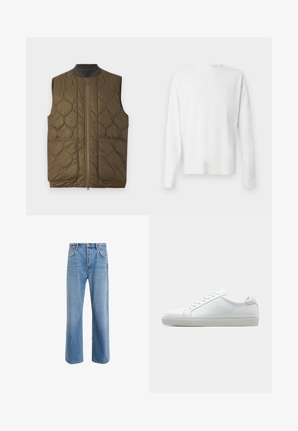 Colete sem mangas em verde-azeitona acolchoado, com fecho de correr à frente, gola canelada e dois bolsos frontais. Detalhe do logótipo discreto no bolso esquerdo.; Camisa de algodão branca de mangas longas com decote redondo, fendas laterais na parte inferior e uma textura suave, mostrada de trás.; Calças de ganga azul claro com um design de perna reta, cinco bolsos, fecho de botão, desgaste mínimo e detalhes de costura em contraste.; Sapatilha branca com um cabedal em couro liso e de perfil baixo. Apresenta um bico redondo, seis ilhoses e uma sola de borracha texturizada.