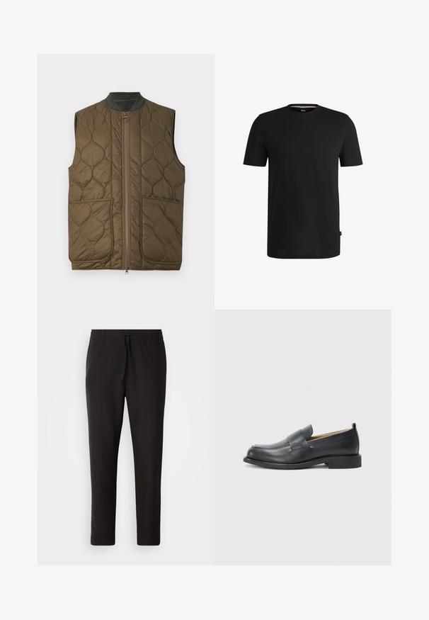 Colete sem mangas em verde-azeitona acolchoado, com fecho de correr à frente, gola canelada e dois bolsos frontais. Detalhe do logótipo discreto no bolso esquerdo.; T-shirt preto de manga curta feito de algodão suave com decote redondo. Apresenta uma etiqueta discreta da marca do lado esquerdo perto da bainha.; Calças de jogging pretas feitas de tecido liso. Apresentam uma cintura elástica com cordão, pernas ligeiramente ajustadas e sem bolsos visíveis. Design simples.; Mocassins de couro pretos com um acabamento suave, sola plana e bico arredondado, com uma tira decorativa atravessando a parte superior.