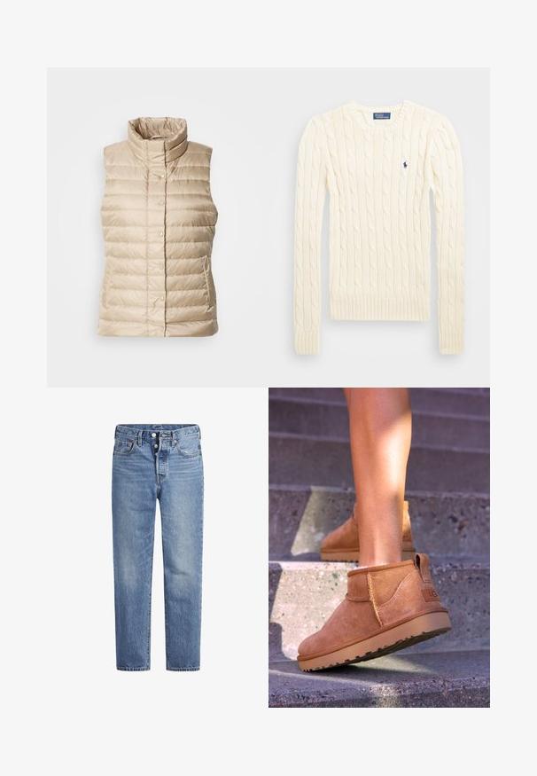 Bežová péřová vesta s vysokým límcem, horizontálním prošíváním, patentkami a dvěma bočními kapsami; hladká, lehká a prošívaná textura.; Krémový svetr s pleteným vzorem, dlouhými rukávy, žebrovanými manžetami a lemem, se malým vyšívaným logem na levé hrudi.; Světle modré džíny s rovný střih, designem s pěti kapsami a knoflíkovým zapínáním. Mají jemné vyblednutí a oranžové prošití.; Světlé semišové kotníkové boty s měkkou strukturou, prošívanými detaily a gumovou podrážkou, s okrouhlým podpatkem pro snadné obouvání.