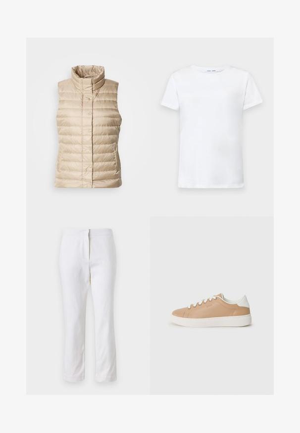 Colete acolchoado bege com um colarinho alto, costura horizontal, botões de pressão e dois bolsos laterais; textura suave, leve e acolchoada.; T-shirt branca de manga curta feita de algodão com um design de gola redonda. Textura suave e corte reto, sem padrões ou acentos.; Calças de algodão brancas com um design de perna reta, apresentando uma cintura de altura média e sem hardware ou padrões visíveis. Textura suave por toda a peça.; Sapatilhas de couro bege com detalhes brancos, bico redondo, sola plana e costuras contrastantes. Fecho de atacadores com seis ilhoses.