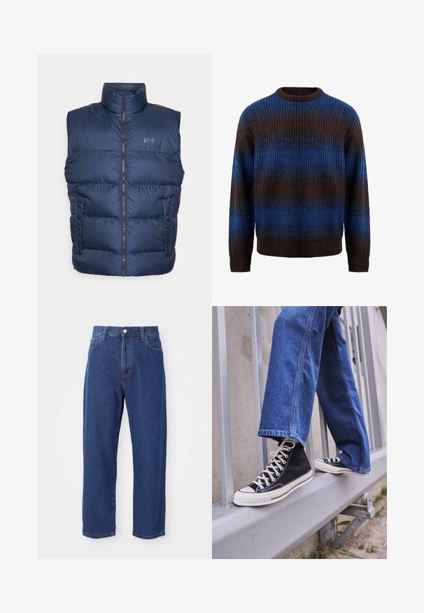 Helly Hansen ACTIVE PUFFY - Brezrokavnik - dunkelblau; Pleten pulover v rjavi in modri barvi z rebrasto teksturo, z vodoravnimi črtami in krožnim izrezom. Dolgi rokavi z rebrastimi manšeti.; Visoke modre kavbojke iz denima, z ravno silhueto nog, vidnimi šivi in sprednjim gumbom za zapiranje.; Črne visoke teniske z belim podplatom in vezalkami, v kombinaciji z ohlapnimi modrimi džinsom, naslonjene na sivo ograjo.