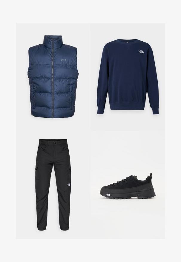 Helly Hansen ACTIVE PUFFY - Γιλέκο - dunkelblau; Σκούρο μπλε φούτερ από μαλακό ύφασμα, με στρογγυλή λαιμόκοψη, μακριά μανίκια και λευκό λογότυπο στο στήθος. Λείο υφάδι και απλός σχεδιασμός.; The North Face HORIZON PANT - Παντελόνι εξωτερικού χώρου - black; Μαύρο εξωτερικό αθλητικό παπούτσι με σουέτ άνω μέρος, υφασμένο καουτσούκ σόλα και ανθεκτικό σύστημα δέσης. Διαθέτει ενισχυμένη φτέρνα και λογότυπο της μάρκας στο πλάι.